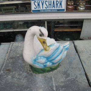 Vintage Garden Gnome - Cast Cement / Concrete: Swan Planter w/ Blue Feathers 11&quot;x9&quot;x12&quot; @ 12lbs
