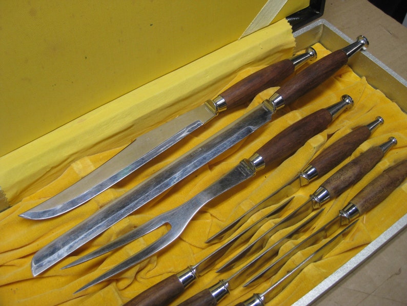 Vintage Gensico Japan Wooden Handle Carving Set W/ Steak Etsy