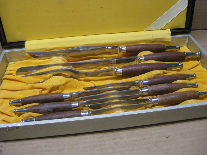 Vintage Gensico Japan Wooden Handle Carving Set W/ Steak Etsy