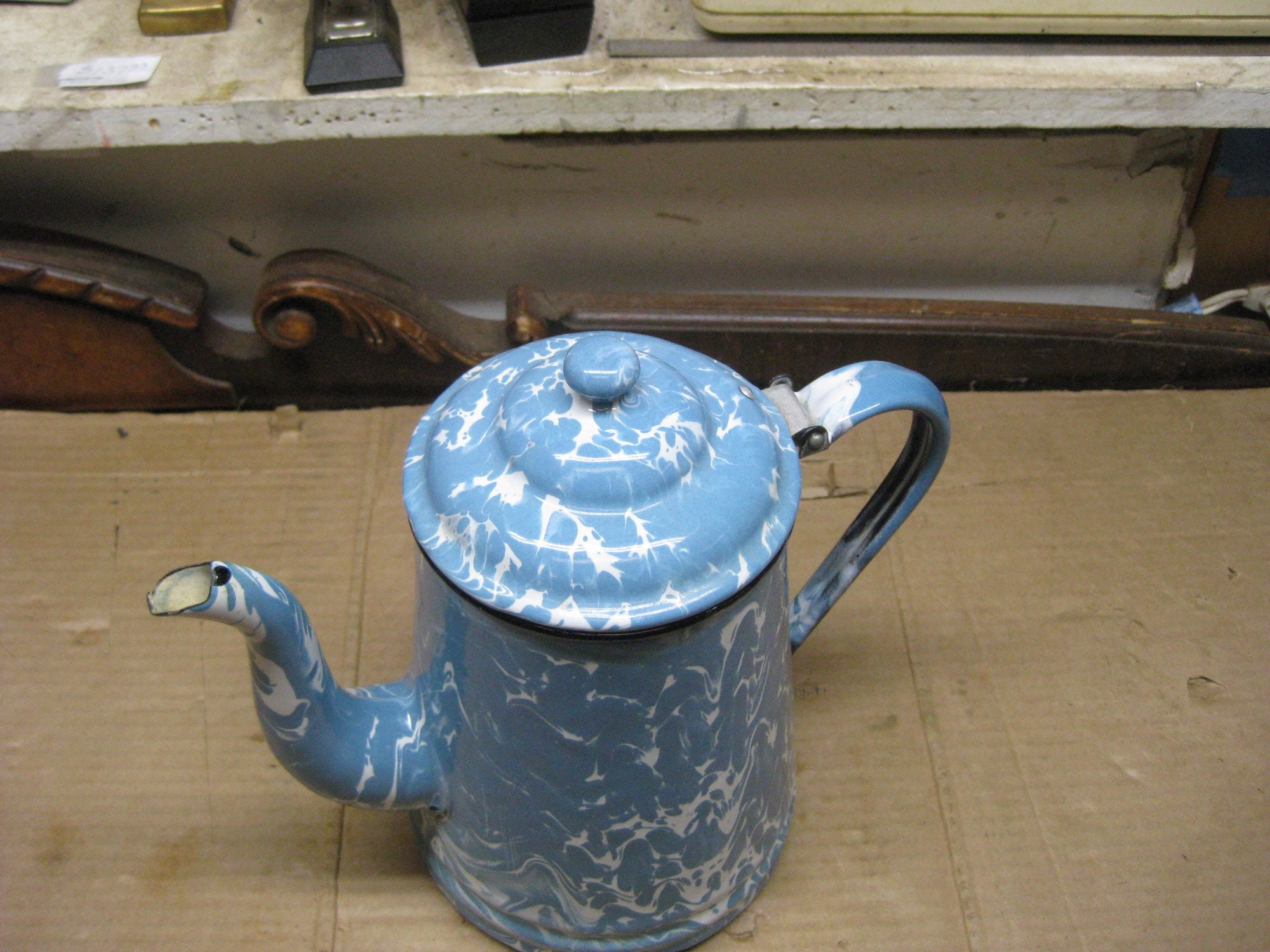 Antique Coffee Maker Enamelled White Marl Blue With Jewelery Blue Collection