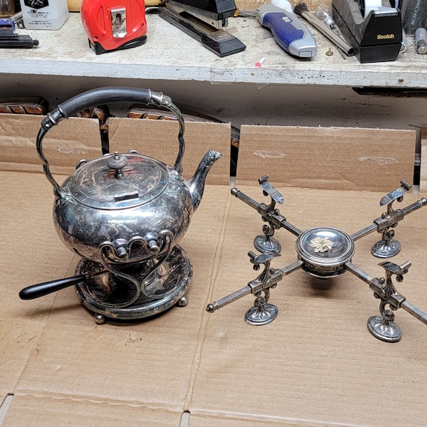 Vintage / Antique E.G. Webster Silver Plate Tipping Tea Pot w/ Adjustable Warmer Stand
