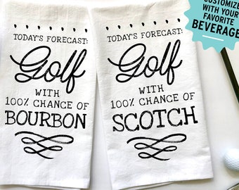 Toalla de golf personalizada: regalo divertido para cerveza, whisky o bourbon. Paño de cocina de saco de harina con tu bebida favorita.