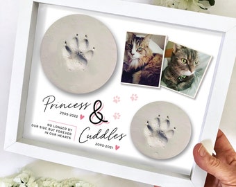 Caja de sombras conmemorativa para mascotas: soporte doble para huellas de patas y exhibición de fotos para dos mascotas o dos huellas de patas, para huellas de patas de arcilla o tinta o huellas de nariz.