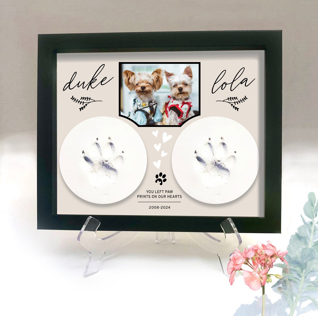 Pet Memorial Double Paw Print Holder Shadow Box, Pet Loss Frame for Two Pets, Clay Paw Print