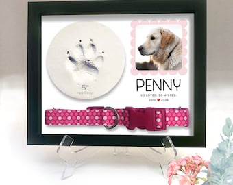 Pet Memorial Gift with Collar and Clay Paw Print Shadow Box, Clay Paw Print Holder, Collar Holder Pet Loss Gift with Collar, Dog Pet Frame