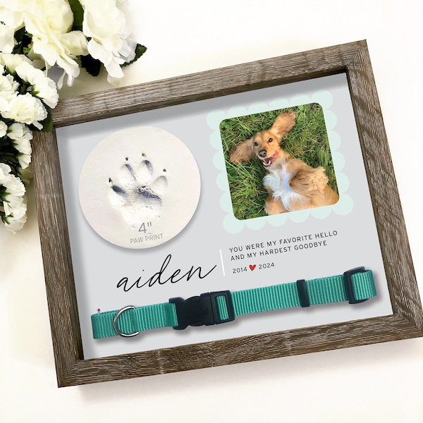 Pet Memorial with Collar and Clay Paw Print Shadow Box Gift, Clay Paw Print Holder, Collar Holder Pet Loss Gift with Collar, Dog Pet Frame