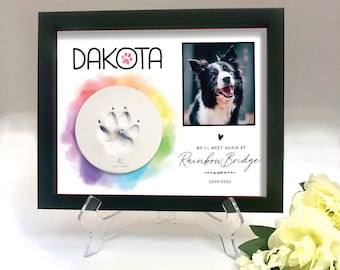 Caja de sombras conmemorativa para mascotas: soporte de arcilla para huellas de patas, caja de sombras para la pérdida de mascotas, Rainbow Bridge