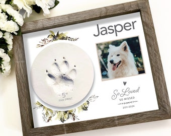 Caja de sombras conmemorativa para mascotas: soporte de arcilla con huella de pata, recuerdo floral personalizado para mascotas