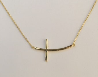 Curved cross necklace，gold plated curved cross necklace，cross necklace，sterling silver curved cross pendant necklace