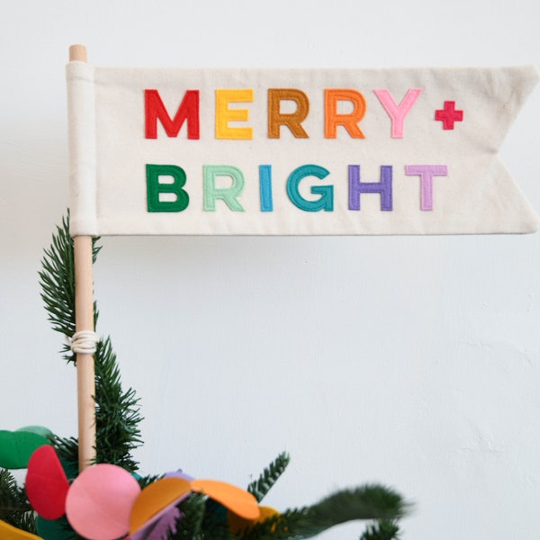 Merry and Bright Christmas tree Topper flag