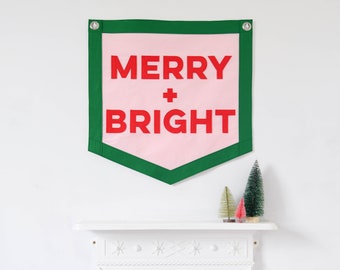 Merry and Bright Vintage style holiday banner Christmas felt wall hanging decoration