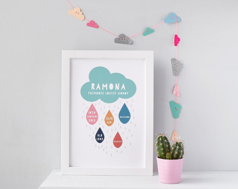 Birth Announcement Rain Cloud Print, A4, A3, A2, Nursery Decor, Personalised nursery print, Birth Statistics, Birth Announcement image 1