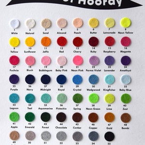 May include: A chart of 55 felt circles, each a different color, with the color name and number below each circle. The chart is titled "House of Hooray".
