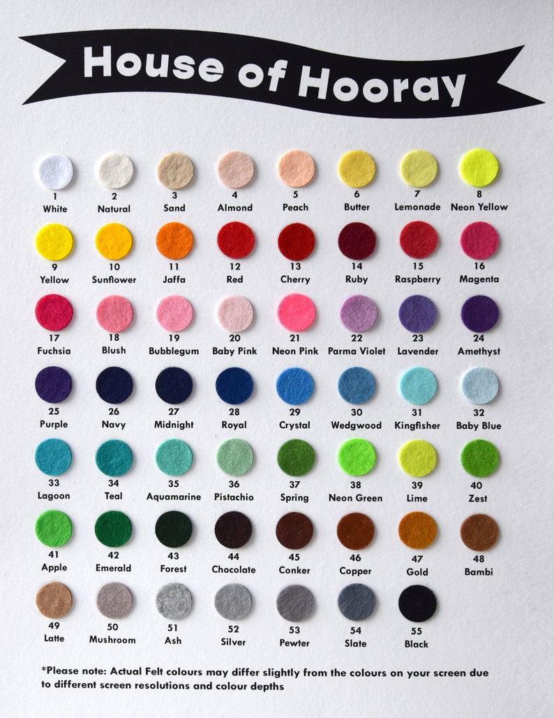 May include: A chart of 55 felt circles, each a different color, with the color name and number below each circle. The chart is titled "House of Hooray".