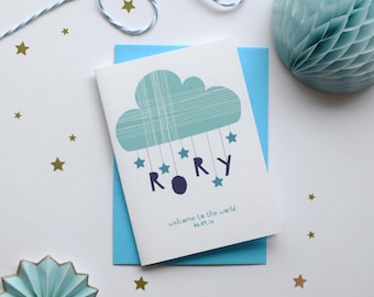 Personalised new baby card Congratulations card New Born Card New baby boy card New baby girl card Blue or Pink Name card Cloud card