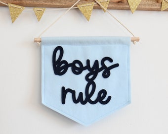 Boys Rule mini vilt kinderkamer muur banner Jongens slaapkamer decor