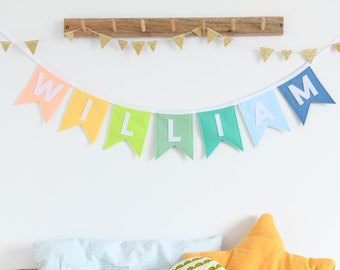 Custom name banner Personalised pastel blue and green nursery bunting Kids room decor New baby gift