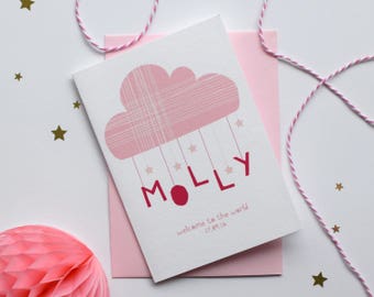 Personalised new baby card, baby girl card, baby boy card, baby name card, cloud and stars newborn card, pink or blue, welcome to the world
