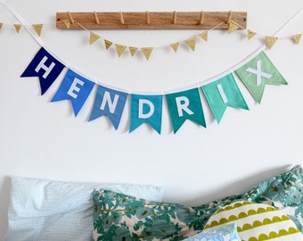 Blue name banner Personalised Green nursery bunting New born gift