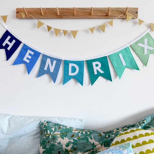 Blue name banner Personalised Green nursery bunting New born gift