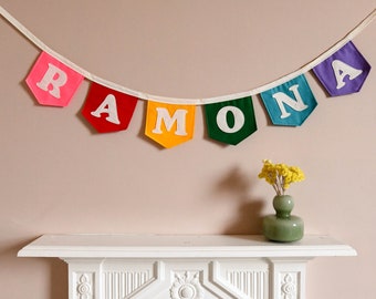 Personalised name banner with retro font Rainbow nursery name banner