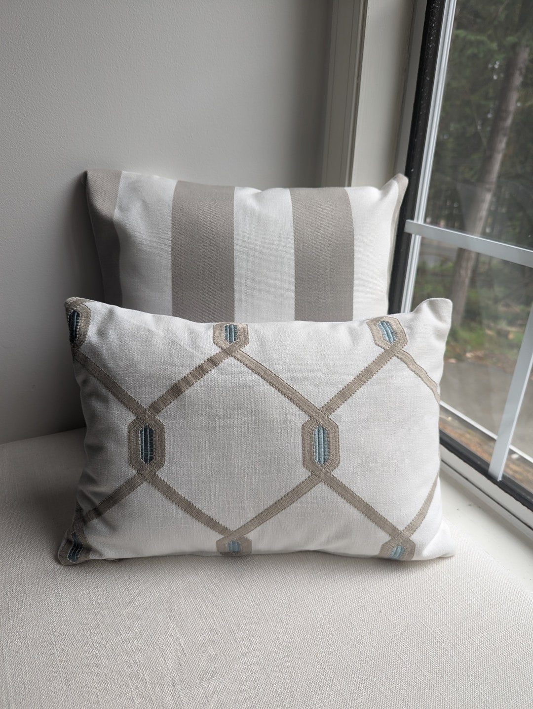 Small Rectangular Pillow Cover White and Aqua Lumbar Pillow Cover