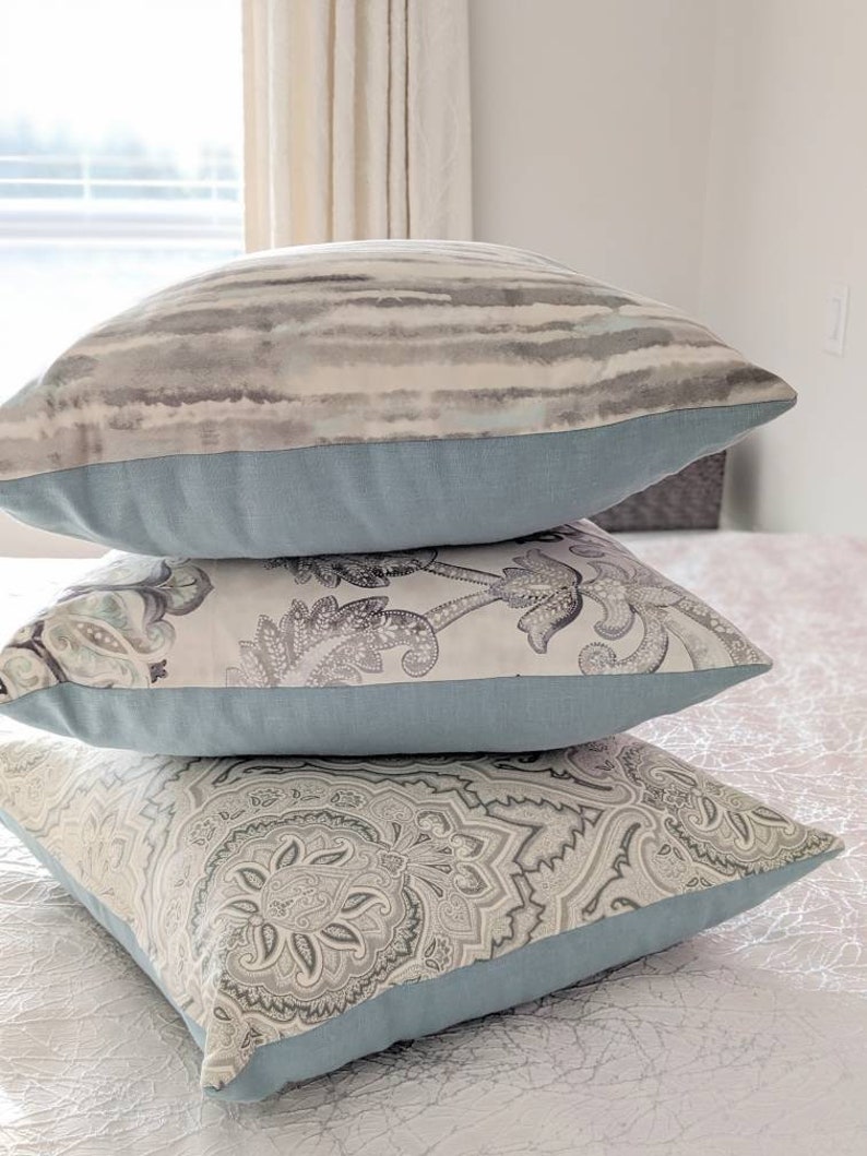 Blue Grey Decorative Pillow Cover. Traditional Linen Backed Etsy UK