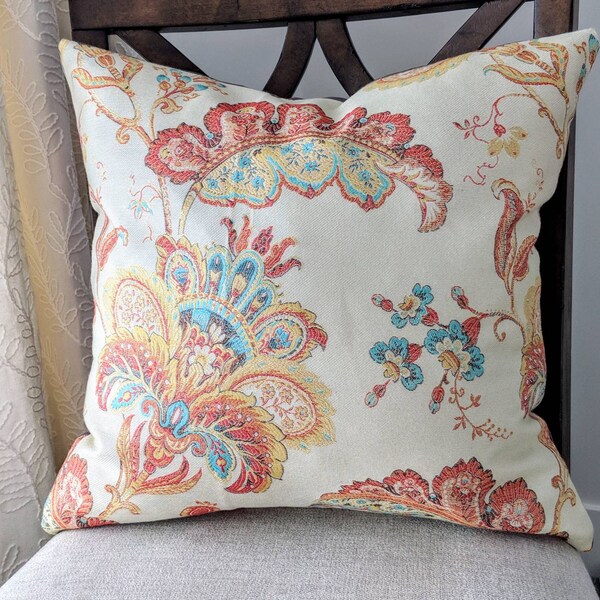 Orange Pillow/Cushion Cover. Orange and Blue Floral Pillow Cover. One of a Kind Pillow Cover. Housewarming. Fits a 20" x 20" pillow insert.