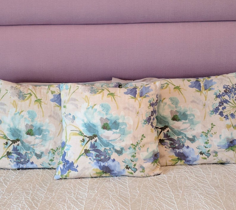 multiple sizes available Beautiful Light Blue Floral Pillow Covers Light Blue Linen Floral Cushion Covers linen Pillow Covers