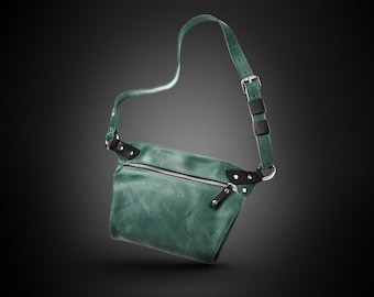 Sac Idol en cuir vert, sac bandoulière, sac ceinture, sac pour elle, sac pour lui, sac en cuir fait main, sac en cuir à fermeture éclair, sac en cuir 4EVER