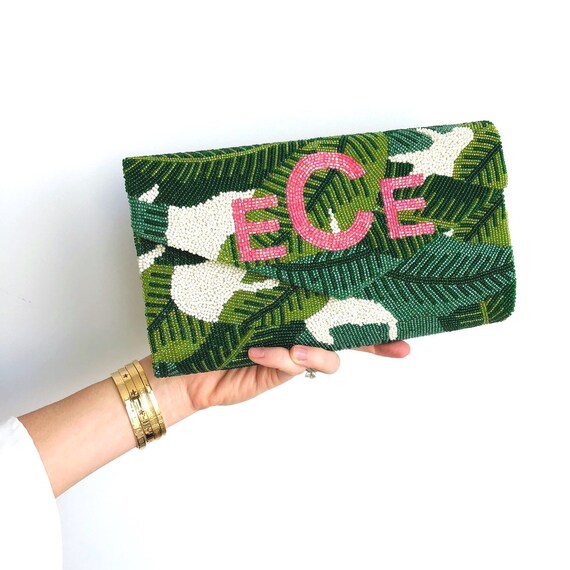 monogram beaded clutch