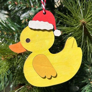 Wooden Ornament - Yellow Rubber Duck with Santa Hat | Customizable Holiday Gift | Quack Quack Christmas Ornament