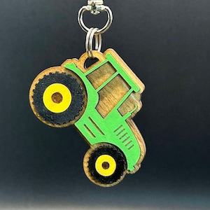Handmade Wooden GreenTractor Keychain with Lobster Clip