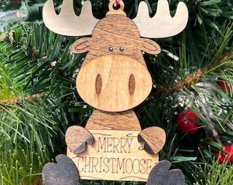 Handmade Wooden Moose Ornament - "Merry Christmoose" Christmas Decoration Moose Rustic Chic Ornament