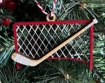 Handmade Wooden Hockey Ornament - Hockey Net, Hockey stick Hockey player gift Coach ornament
