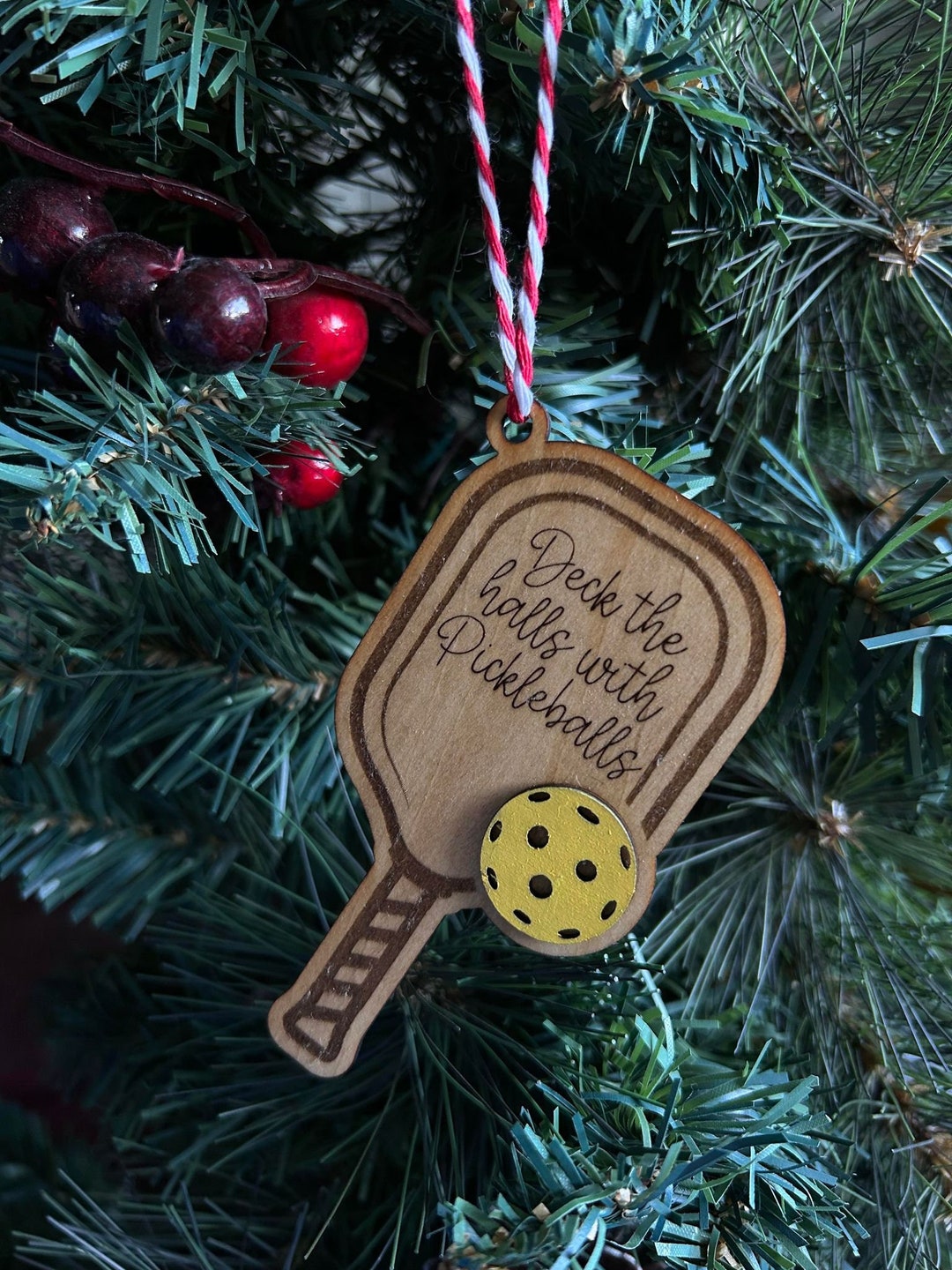 Handmade Pickleball Ornament Wooden Paddle With Yellow Ball Festive