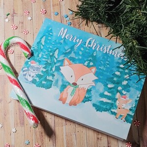 Scène d’hiver aquarelle Woodland fox raton laveur cerf Carte de Noël Drôle mignon animal Carte de Noël aquarelle Chapeau de Père Noël carte de vacances festive