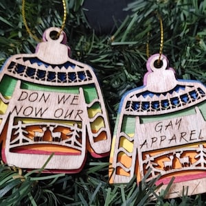 Set of 2 Don We Now Our Gay Apparel Ugly Sweater Ornament LGBT Ornament Gay Christmas ornament Wooden ornament LGBT Pride