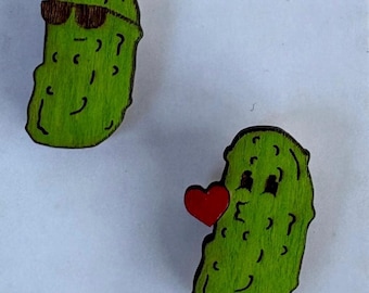 Handmade Wooden Buddy Pins - Pickles Dill Pickle, Hand Painted Set of 2