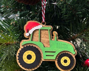 Rustic Wooden Tractor Christmas ornament tractor with Santa hat Red or Green tractor farmer gift farmhouse