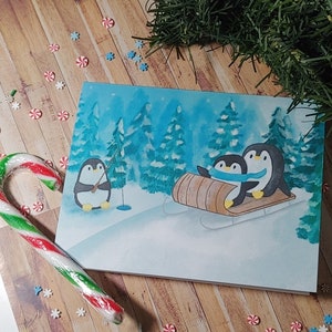 Scène d’hiver aquarelle pingouin Carte de Noël Drôle d’animal mignon Carte de Noël aquarelle Chapeau de Père Noël carte de vacances festive