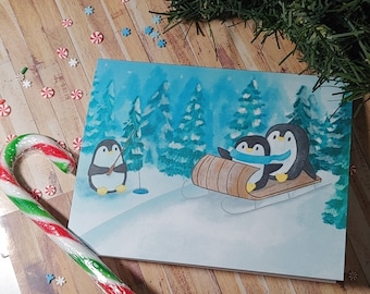 Winter scene watercolor penguin Christmas Card Funny cute animal Christmas card watercolour Santa hat holiday card festive