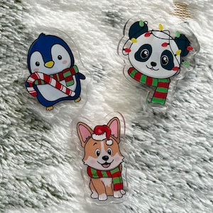 Festive Christmas Corgi Christmas Panda or Christmas Penguin 1.5-Inch Acrylic Pin - Holiday Dog Lapel Pin Animal Pin Penguin Gift Panda Gift