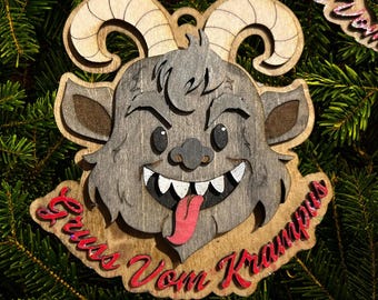 Wooden Ornament - Handmade Krampus Ornament - "Gruss Vom Krampus" - Krampus Christmas Decor Greetings fro  Krampus Cute Krampus ornament