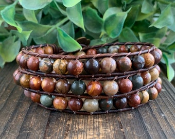 Picasso Jasper Wrap Bracelet: Boho Leather Gemstone Jewelry
