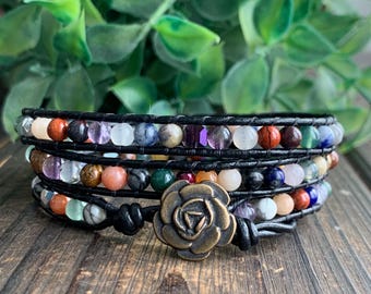 Multi Gemstone Leather Wrap Bracelet: Boho Beaded Jewelry