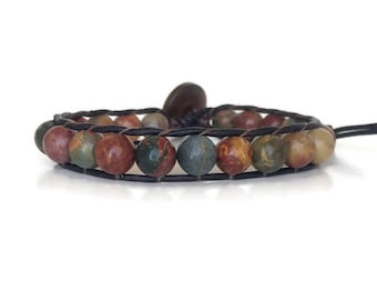 Leather Beaded Gemstone Bracelet for Men - Anniversary Gift