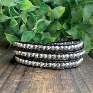 Silver Beaded Bracelet, Beaded Wrap Bracelet, Leather Wrap Bracelet, Silver and Black Bracelet