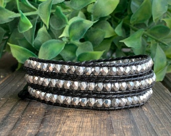 Silver Beaded Bracelet, Beaded Wrap Bracelet, Leather Wrap Bracelet, Silver and Black Bracelet