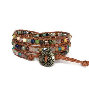Multi Gemstone Leather Wrap Bracelet: Boho Chic Women&#39;s Jewelry